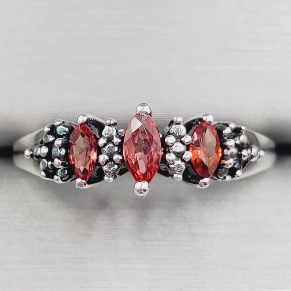 Genuine Red Marquise Ruby 925 Sterling Silver Three Stone Ring